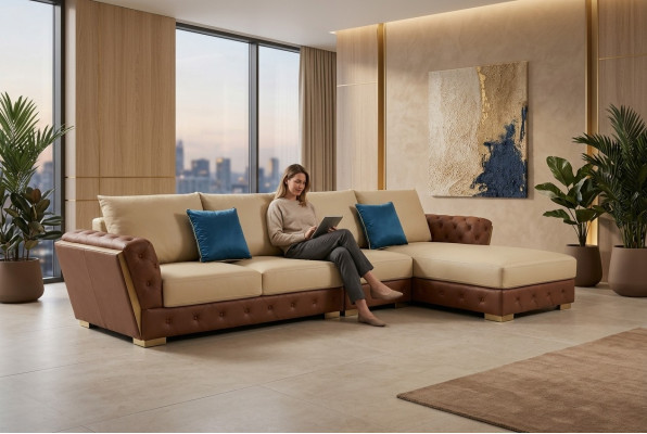 Leather Sofa Luxury Couch Upholstery Furniture Beige Design Corner Sofa Furniture
