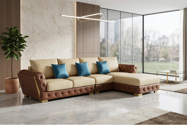Leather Sofa Luxury Couch Upholstery Furniture Beige Design Corner Sofa Furniture