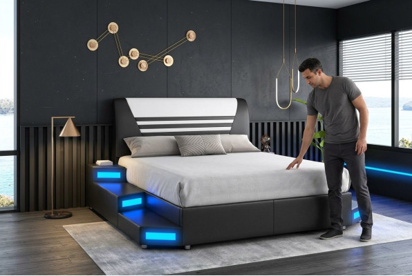Luxury LED Illuminated Bedroom Bed Leather Bed 180x200 Furniture Beds