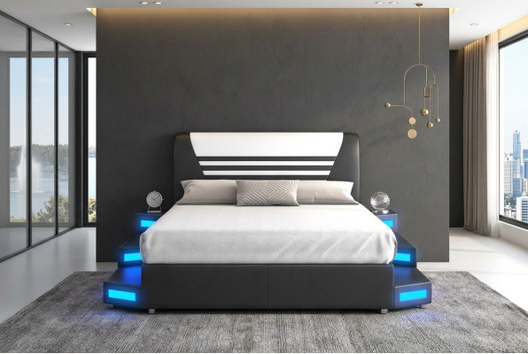 Luxury LED Illuminated Bedroom Bed Leather Bed 180x200 Furniture Beds