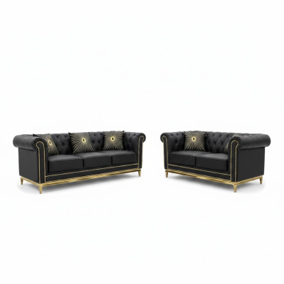 Black Chesterfield living room sofa set luxury set 3+2 seater 2-piece.