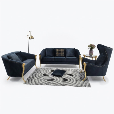 Luxurious upholstered armchair set 3+2+1 seater black velvet gold legs