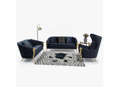Luxurious upholstered armchair set 3+2+1 seater black velvet gold legs