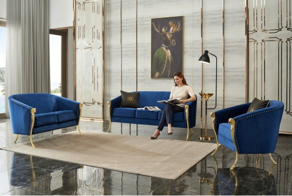 Luxury Upholstered Armchair 3+2+1 Seat Blue Golden Legs Seat Cushion New