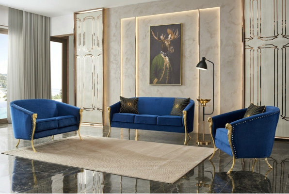 Luxury Upholstered Armchair 3+2+1 Seat Blue Golden Legs Seat Cushion New