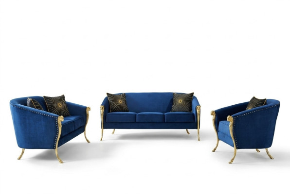 Luxury Upholstered Armchair 3+2+1 Seat Blue Golden Legs Seat Cushion New