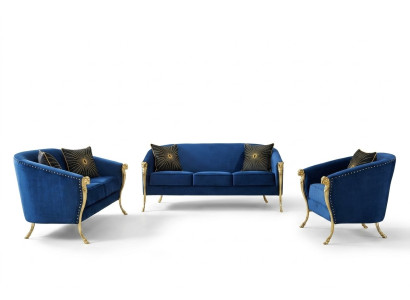 Luxury Upholstered Armchair 3+2+1 Seat Blue Golden Legs Seat Cushion New