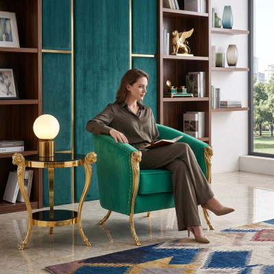 Green luxury armchair upholstered furniture gold feet living room single-seater new