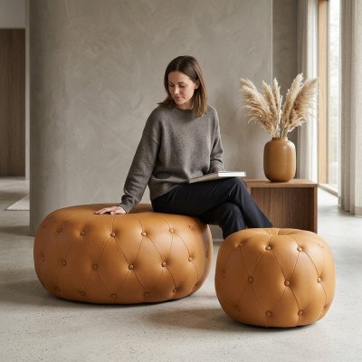 Round Footstool Chesterfield Round Orange Leather Fabric 78x35