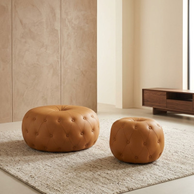 Round Footstool Chesterfield Round Orange Leather Fabric 78x35