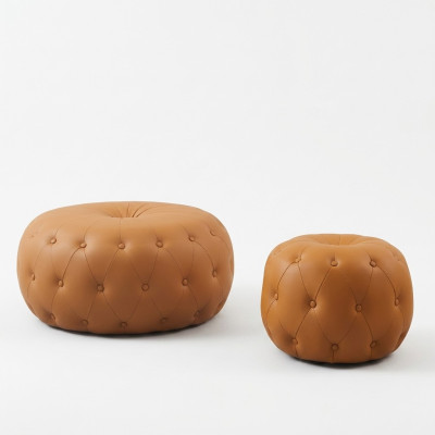 Round Footstool Chesterfield Round Orange Leather Fabric 78x35