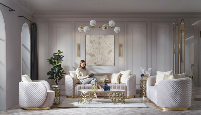 Luxury Sofa Oval Sofa Set Upholstered Furniture 3+2+1 Velvet Textile 3-piece.