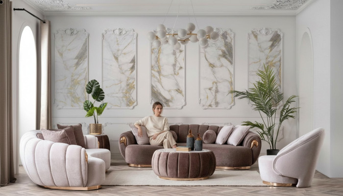 Luxury Living Room Sofa Set 3+3+1 Seat Half Round Couches Sofa with Table 4-Piece Set.