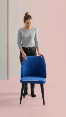 Blue upholstered chair with black wooden legs for dining room, light model