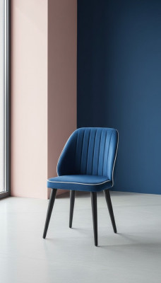 Blue upholstered chair with black wooden legs for dining room, light model