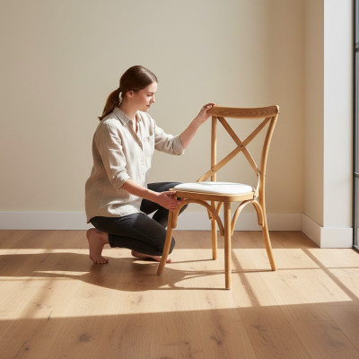A wooden chair with a soft seat and a round back for your dining room.