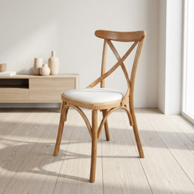 A wooden chair with a soft seat and a round back for your dining room.