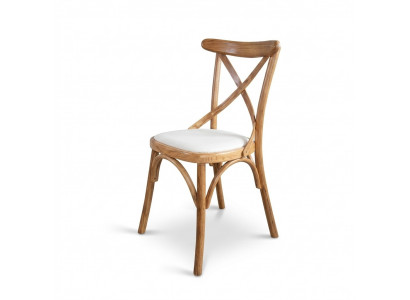 A wooden chair with a soft seat and a round back for your dining room.