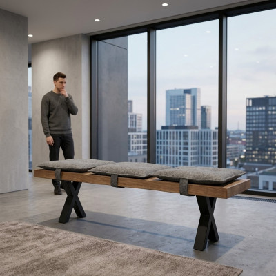 Modern designer wooden bench with upholstered seat for dining room