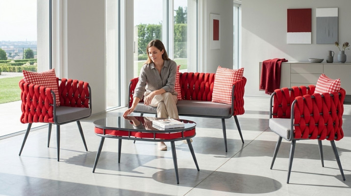 Red garden set luxury seating furniture table sofa patio couch 4-piece set.