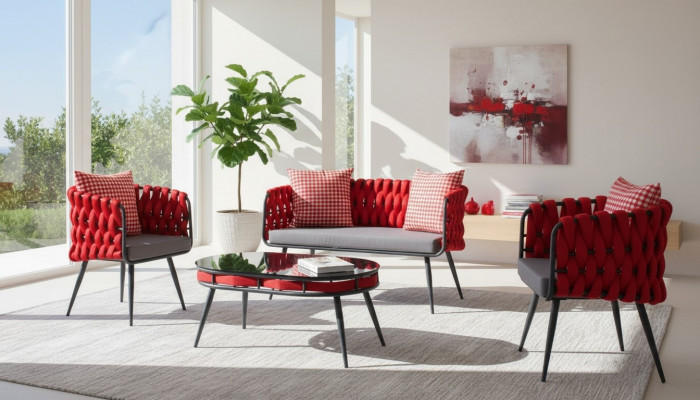 Red garden set luxury seating furniture table sofa patio couch 4-piece set.