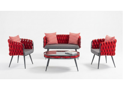 Red garden set luxury seating furniture table sofa patio couch 4-piece set.
