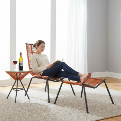 Modern set for your garden consists of an armchair, ottoman, and side table.