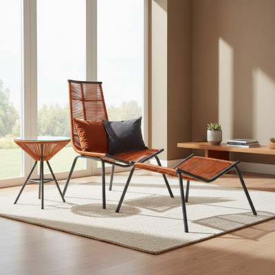 Modern set for your garden consists of an armchair, ottoman, and side table.