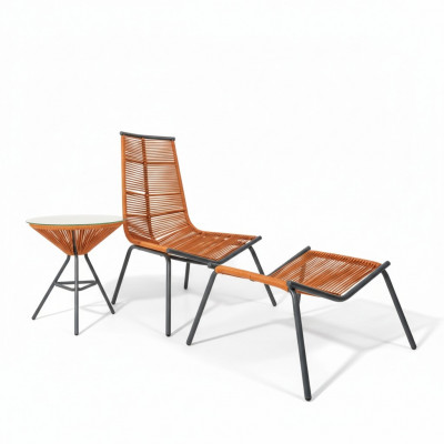 Modern set for your garden consists of an armchair, ottoman, and side table.