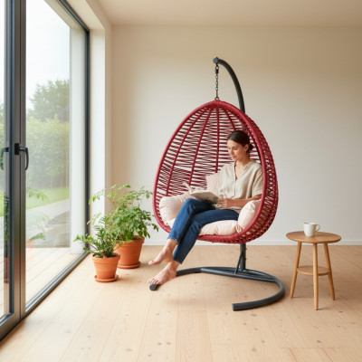 Oval shell chair, red rattan with stainless steel, for comfortable relaxation, new