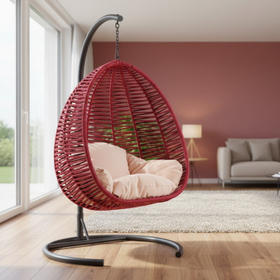 Oval shell chair, red rattan with stainless steel, for comfortable relaxation, new