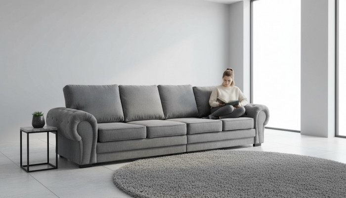Four-seater classic sofa furniture upholstery in gray comfortable couch fabric