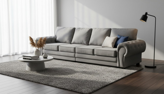 Four-seater classic sofa furniture upholstery in gray comfortable couch fabric