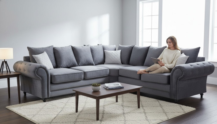 Modern corner sofa, sofa style, gray sofa, upholstery fabric, textile furniture, L-shaped couches