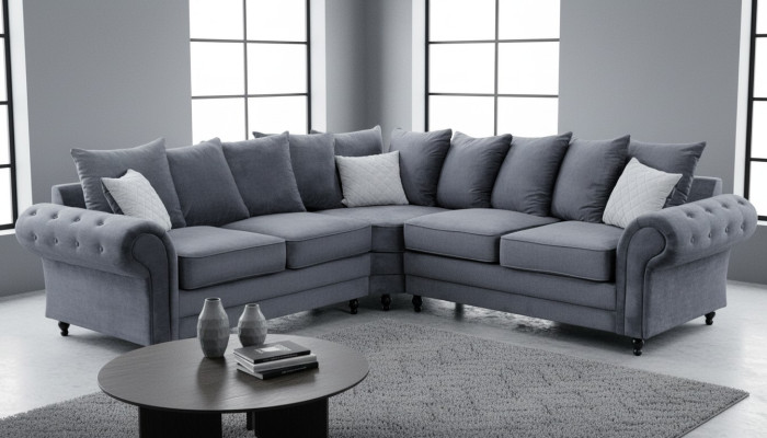 Modern corner sofa, sofa style, gray sofa, upholstery fabric, textile furniture, L-shaped couches