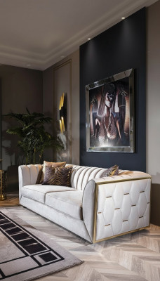 White three-seater sofa made of stainless steel for textile furniture in the living room