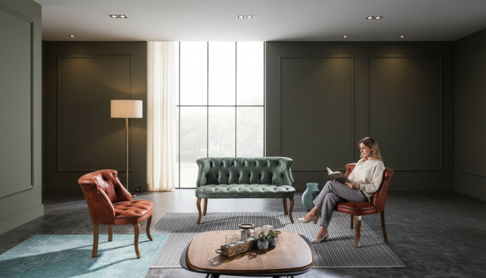 Modern two-seater sofa with artificial leather in Chesterfield style