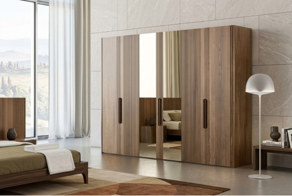 Large brown wardrobe bedroom closet with mirror cabinets