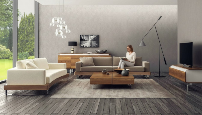 Modern three-seater sofa upholstered couch living room set wooden frame