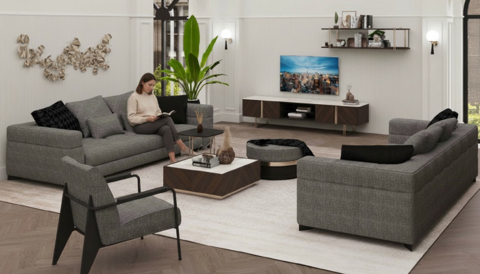 Gray sofa set three-seater, two-seater, armchair living room set new.