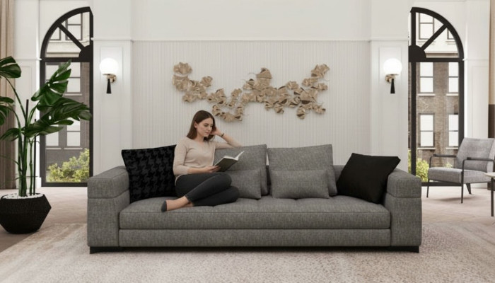 Gray sofa three-seater living room seating furniture wooden frame sofa collection