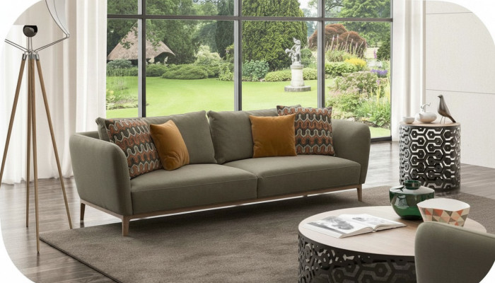 Olive green three-seater modern living room couch seating furniture sofa.