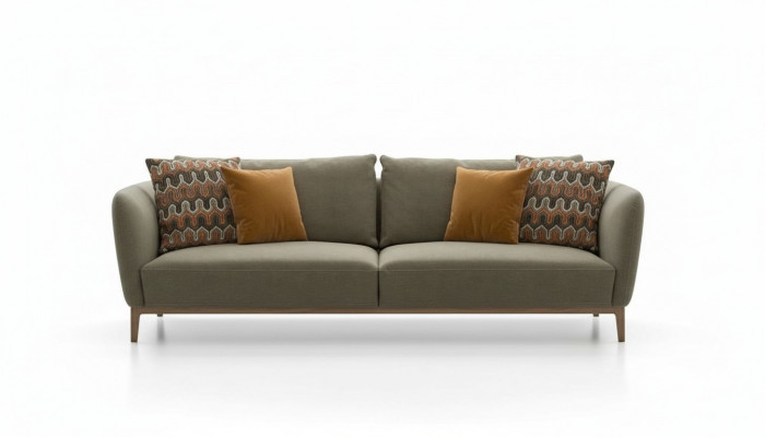 Olive green three-seater modern living room couch seating furniture sofa.