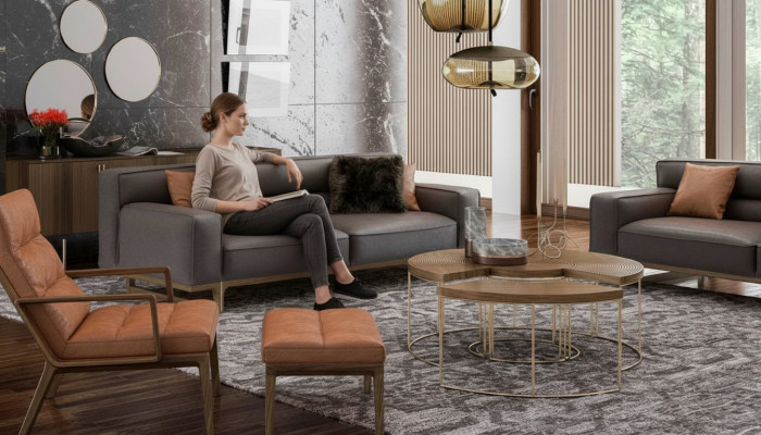 Brown living room suite luxurious 3-seater Stivloller armchair upholstered stool