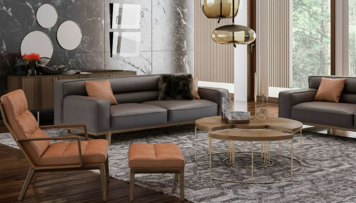 Brown living room suite luxurious 3-seater Stivloller armchair upholstered stool