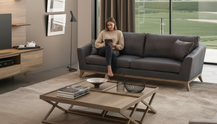 Gray faux leather three-seater living room sofa modern couch style furniture