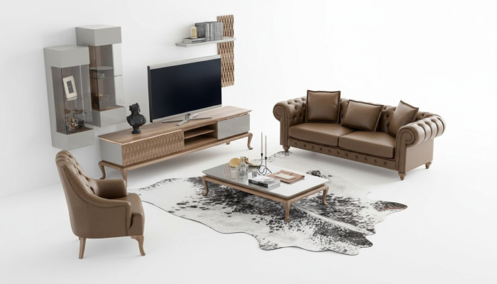 Brown Chesterfield Luxury Sofa Set Modern Three-Seater Armchair Fabric