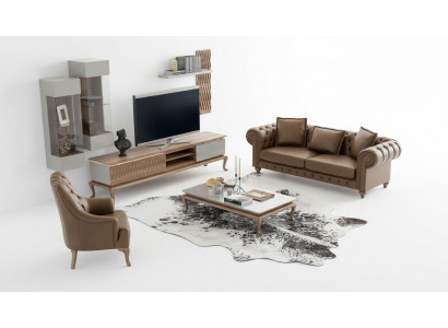 Brown Chesterfield Luxury Sofa Set Modern Three-Seater Armchair Fabric