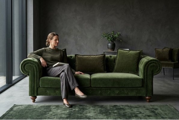 Green Chesterfield Textile Three-Seater Luxury Couch Living Room Sofa Style