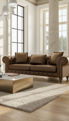 Brown three-seater living room couch luxury leather sofas style furniture new